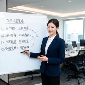 一位干练的女性在会议室白板前讲解社区运营策略