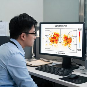 一位男性数据分析师盯着屏幕上的CBA球员热力图