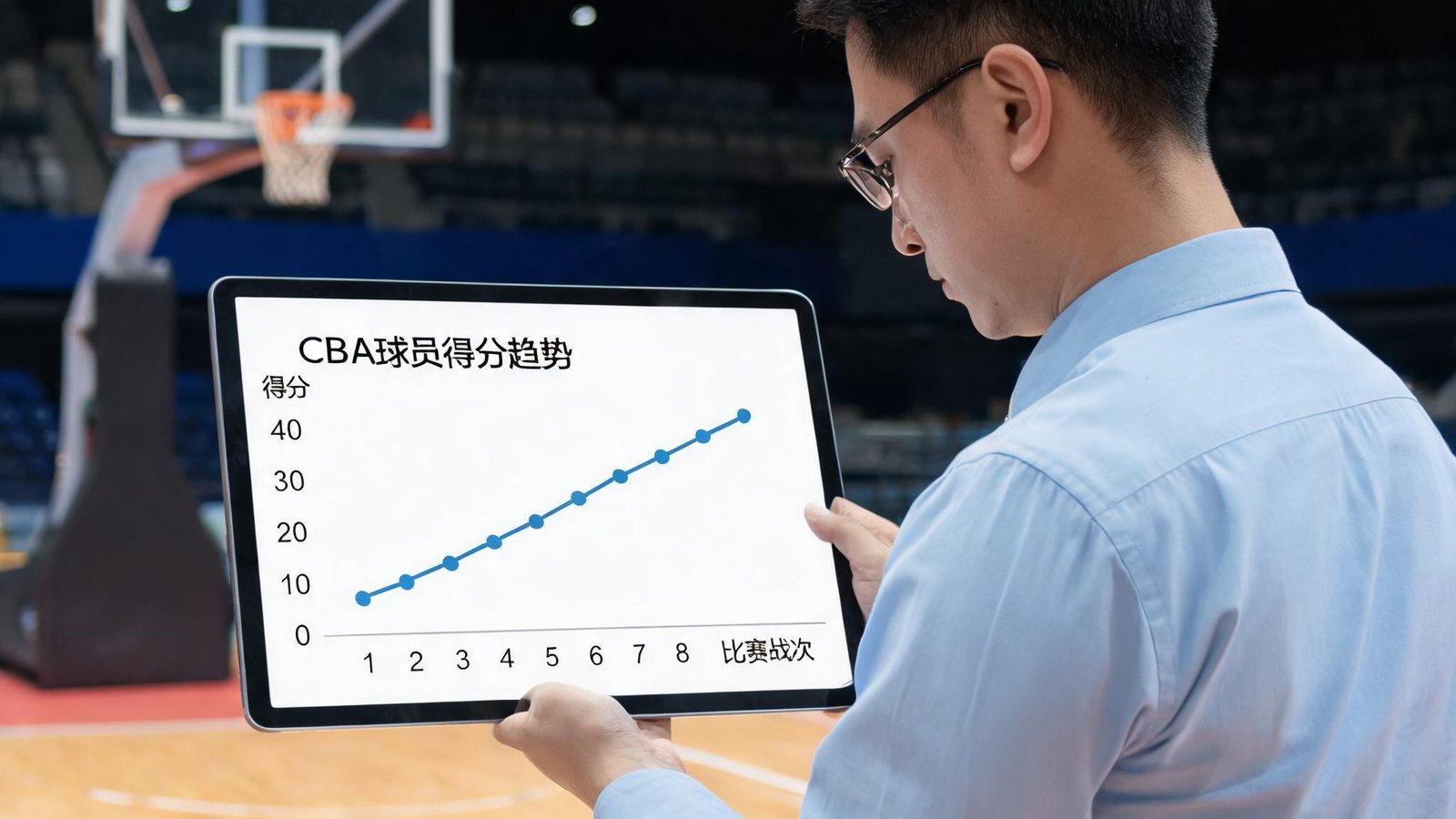 数据分析师在平板电脑上查看CBA球员得分趋势图，背景为篮球场