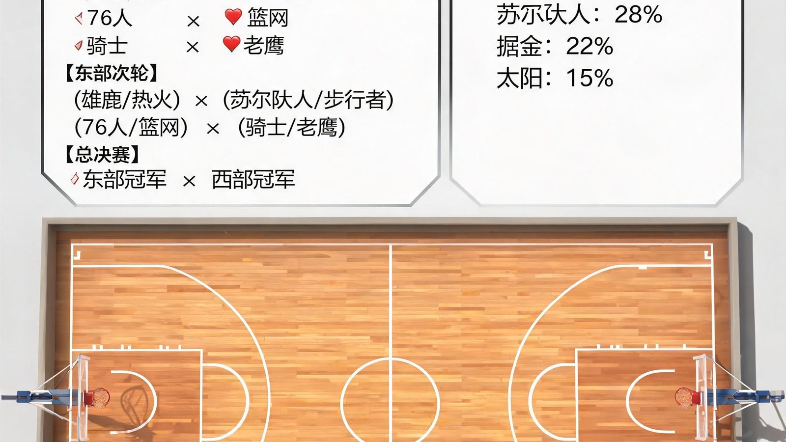 3D篮球场模型上显示季后赛对阵图和冠军预测百分比