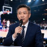 一位中年男性篮球解说员，身穿西装，手持麦克风